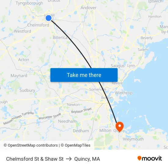 Chelmsford St & Shaw St to Quincy, MA map