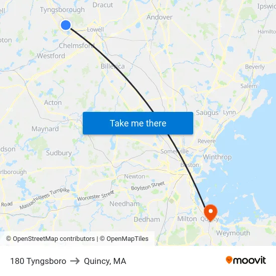 180 Tyngsboro to Quincy, MA map