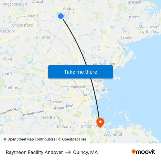 Raytheon Facility Andover to Quincy, MA map
