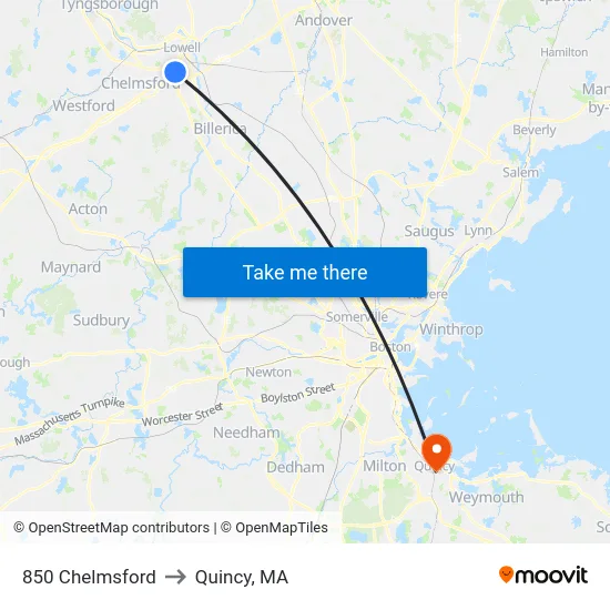850 Chelmsford to Quincy, MA map