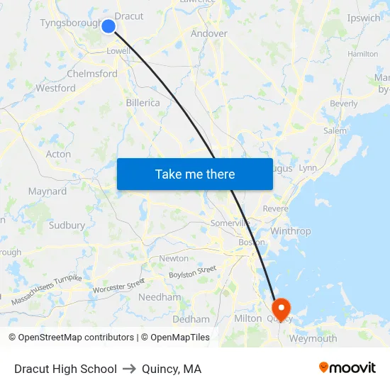 Dracut High School to Quincy, MA map