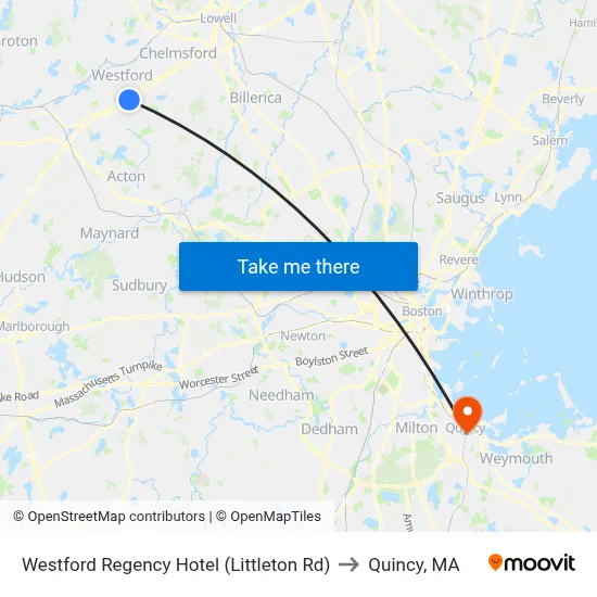 Westford Regency Hotel (Littleton Rd) to Quincy, MA map
