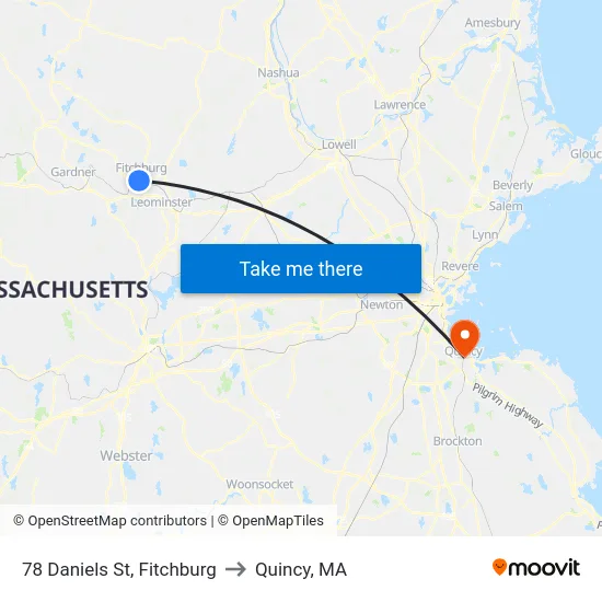 78 Daniels St, Fitchburg to Quincy, MA map