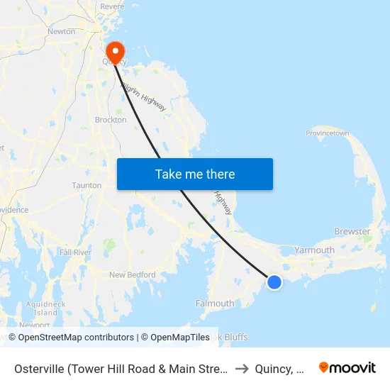 Osterville (Tower Hill Road & Main Street) to Quincy, MA map