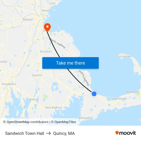 Sandwich Town Hall to Quincy, MA map