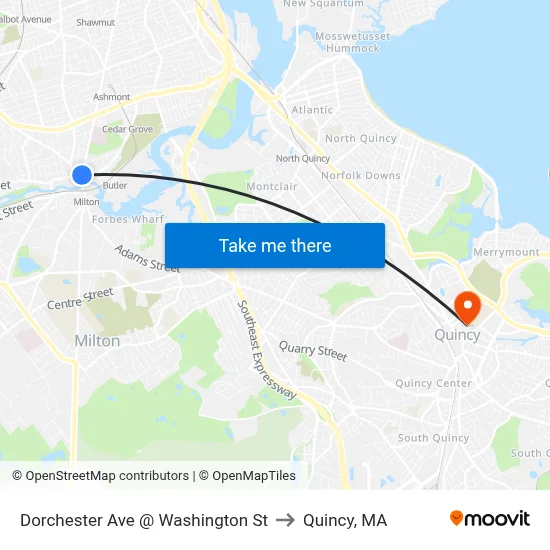 Dorchester Ave @ Washington St to Quincy, MA map