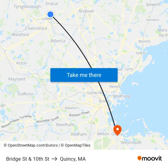 Bridge St & 10th St to Quincy, MA map