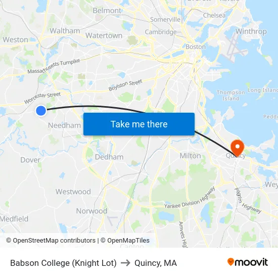 Babson College (Knight Lot) to Quincy, MA map