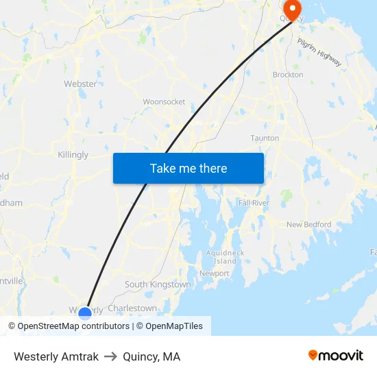 Westerly Amtrak to Quincy, MA map