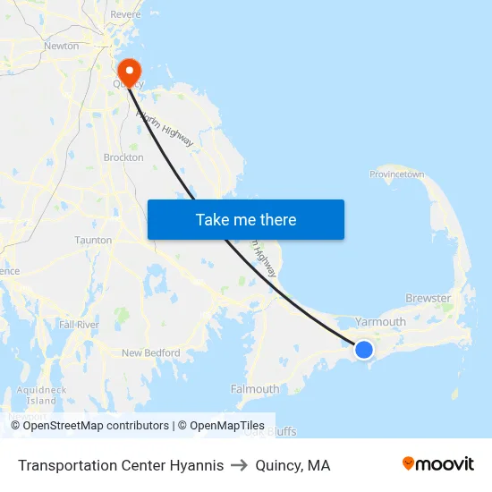 Transportation Center Hyannis to Quincy, MA map
