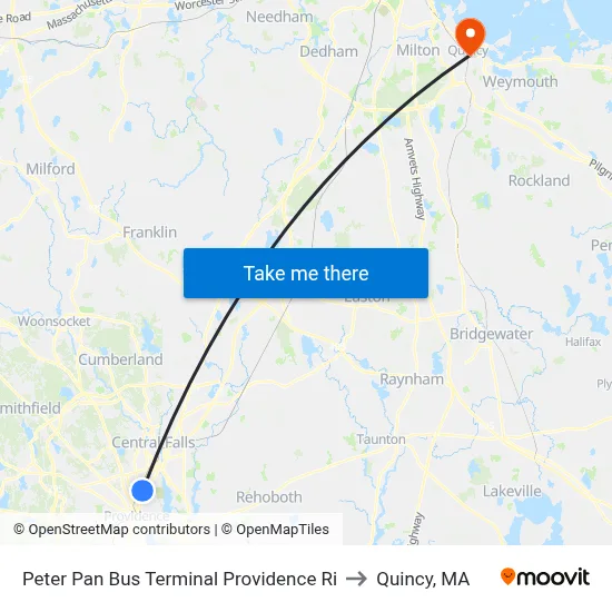 Peter Pan Bus Terminal Providence Ri to Quincy, MA map