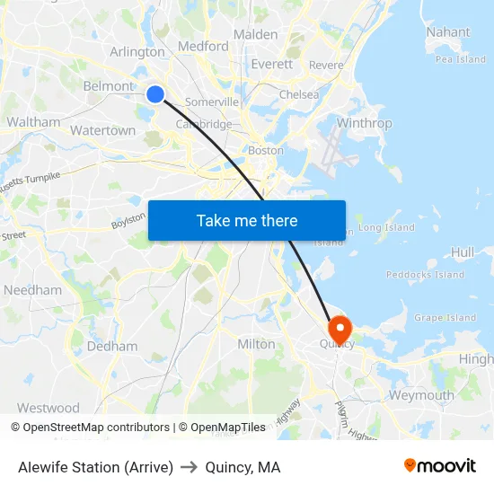 Alewife Station (Arrive) to Quincy, MA map