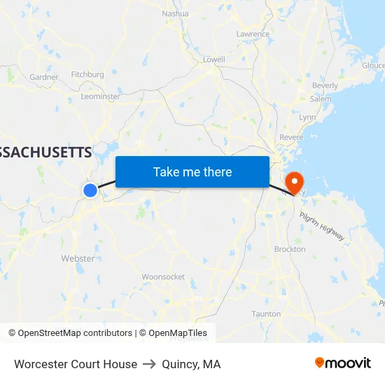 Worcester Court House to Quincy, MA map