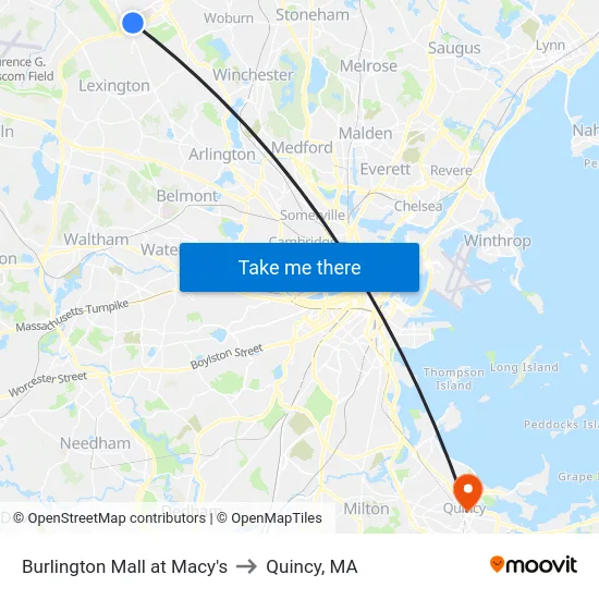 Burlington Mall at Macy's to Quincy, MA map