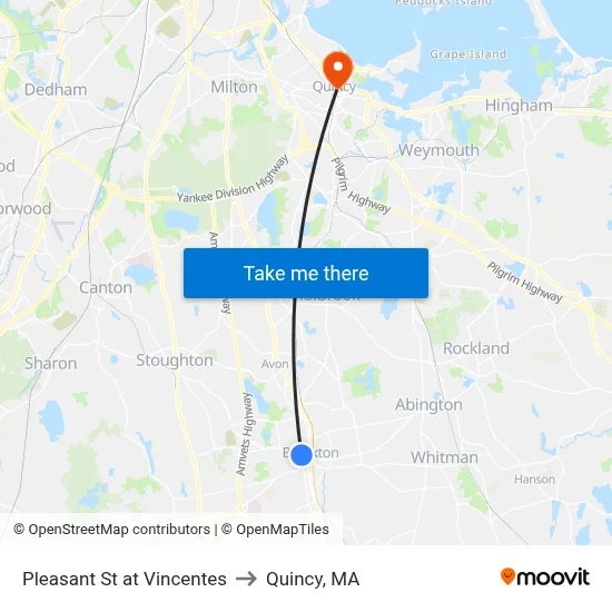 Pleasant St at Vincentes to Quincy, MA map