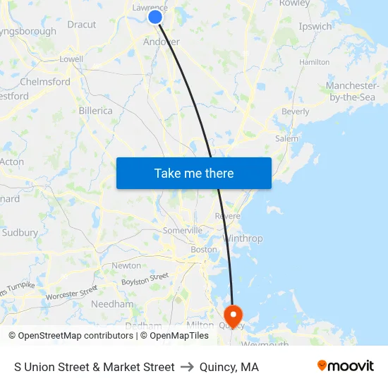 S Union Street & Market Street to Quincy, MA map