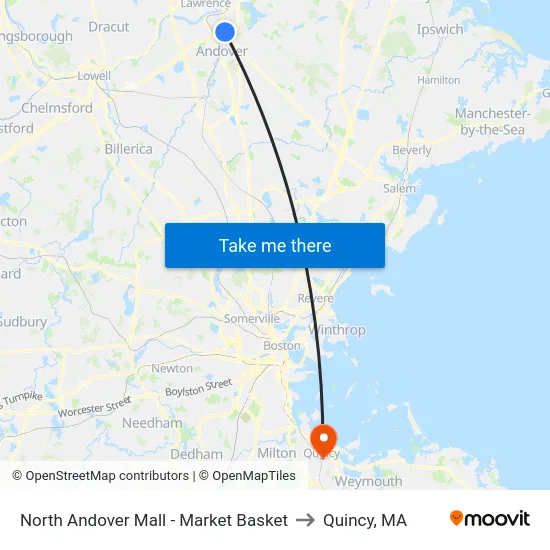 North Andover Mall - Market Basket to Quincy, MA map