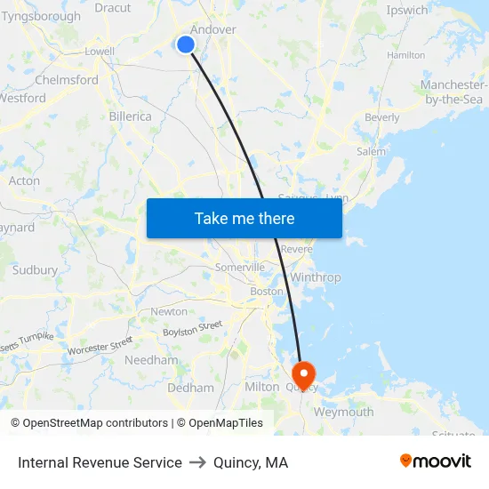 Internal Revenue Service to Quincy, MA map
