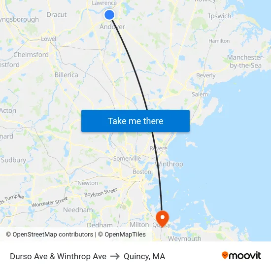 Durso Ave & Winthrop Ave to Quincy, MA map