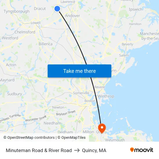 Minuteman Road & River Road to Quincy, MA map