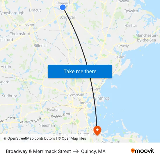 Broadway & Merrimack Street to Quincy, MA map