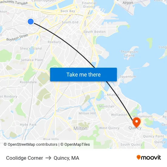 Coolidge Corner to Quincy, MA map