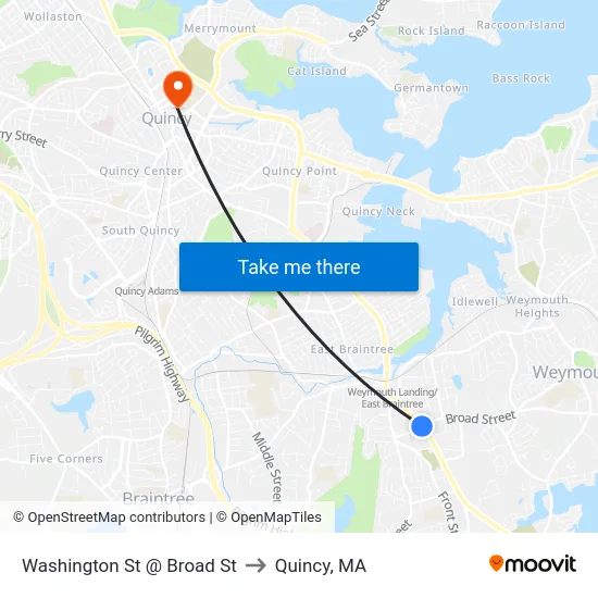 Washington St @ Broad St to Quincy, MA map