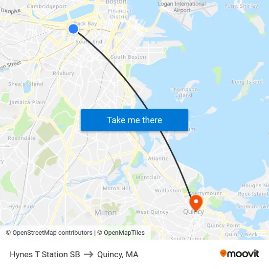 Hynes T Station SB to Quincy, MA map