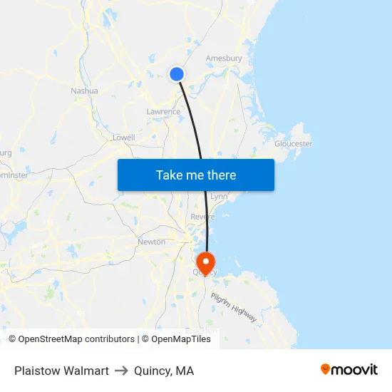 Plaistow Walmart to Quincy, MA map