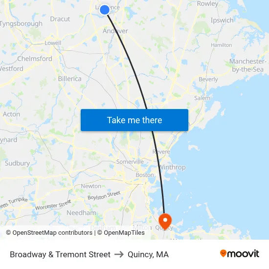 Broadway & Tremont Street to Quincy, MA map