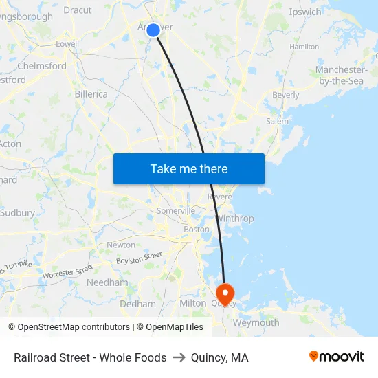 Railroad Street - Whole Foods to Quincy, MA map