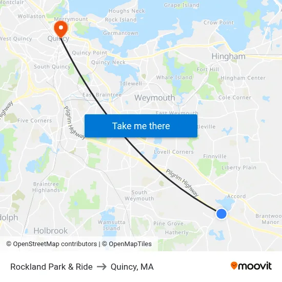 Rockland Park & Ride to Quincy, MA map