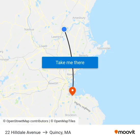 22 Hilldale Avenue to Quincy, MA map