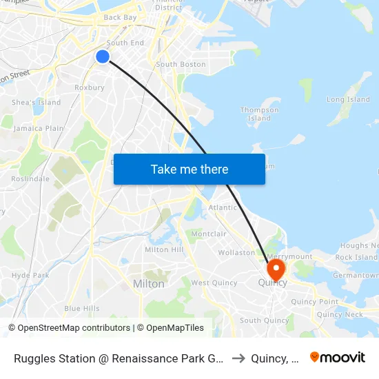 Ruggles Station @ Renaissance Park Garage to Quincy, MA map