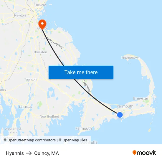 Hyannis to Quincy, MA map