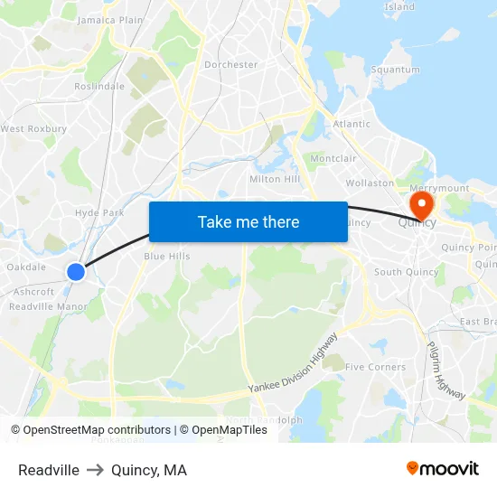 Readville to Quincy, MA map