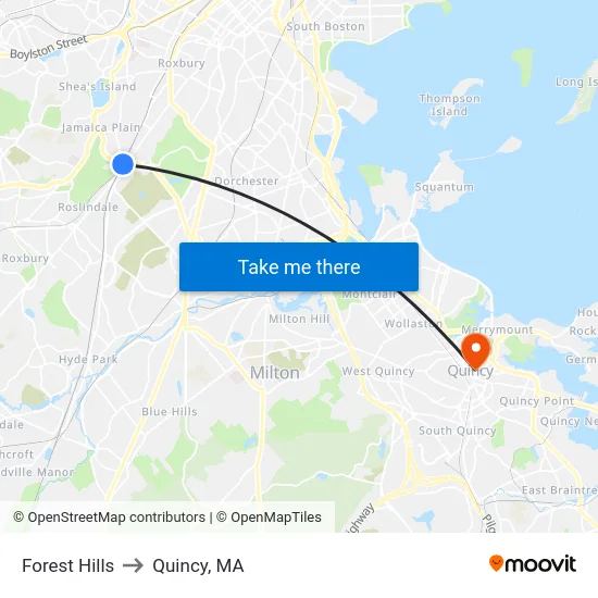 Forest Hills to Quincy, MA map