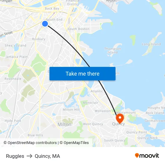 Ruggles to Quincy, MA map