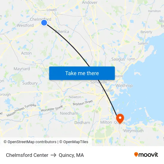 Chelmsford Center to Quincy, MA map