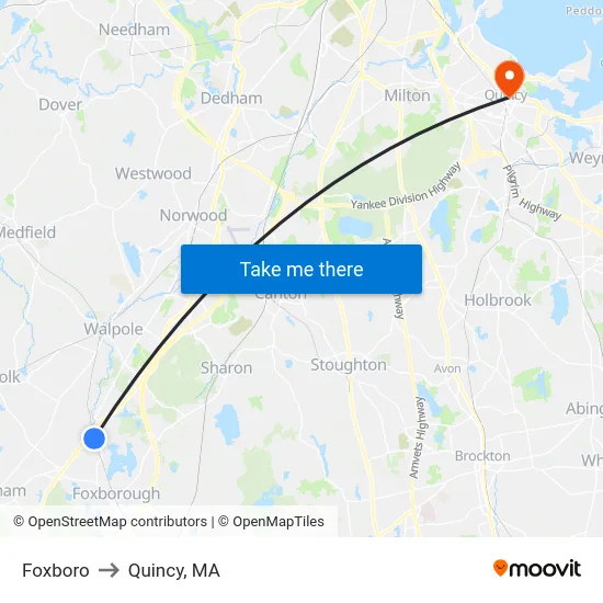 Foxboro to Quincy, MA map