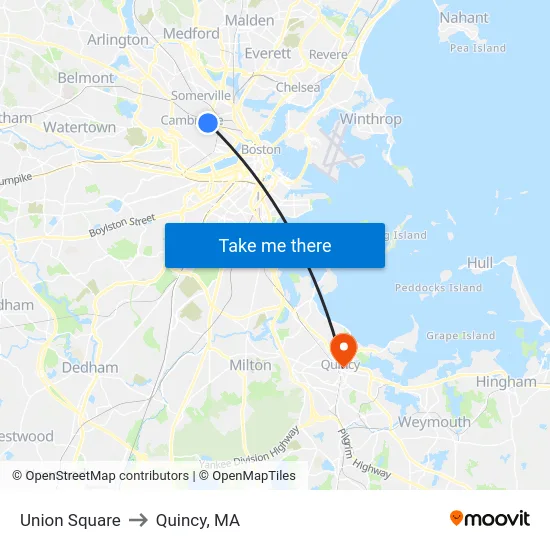 Union Square to Quincy, MA map