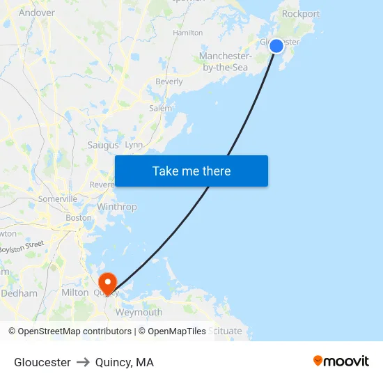 Gloucester to Quincy, MA map