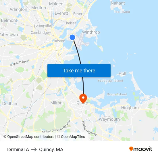 Terminal A to Quincy, MA map