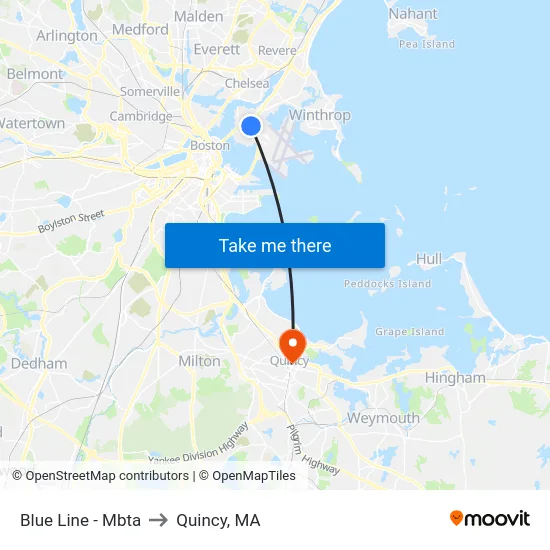 Blue Line - Mbta to Quincy, MA map