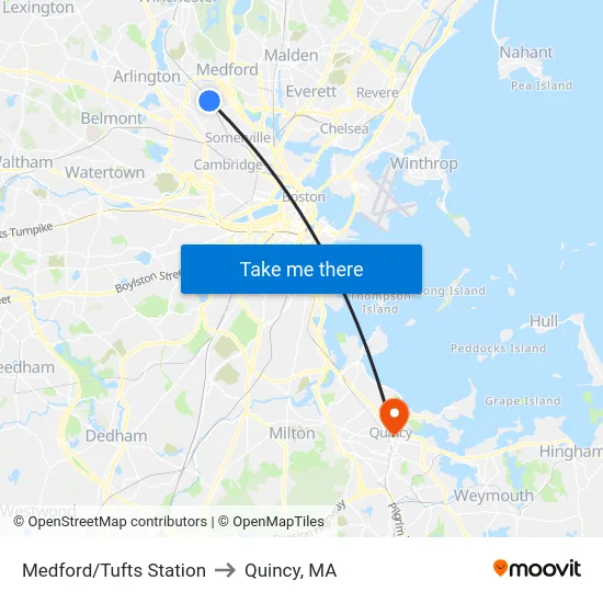 Medford/Tufts Station to Quincy, MA map