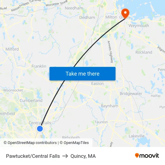 Pawtucket/Central Falls to Quincy, MA map