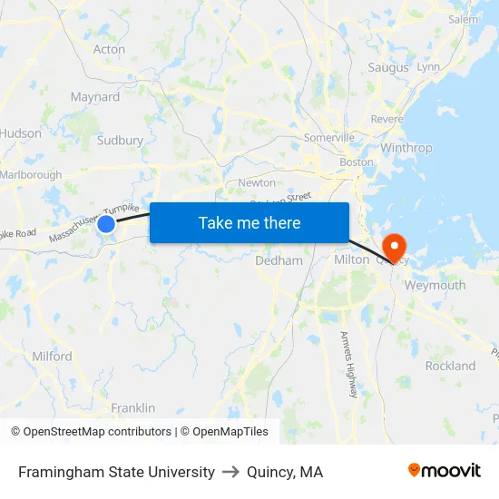 Framingham State University to Quincy, MA map