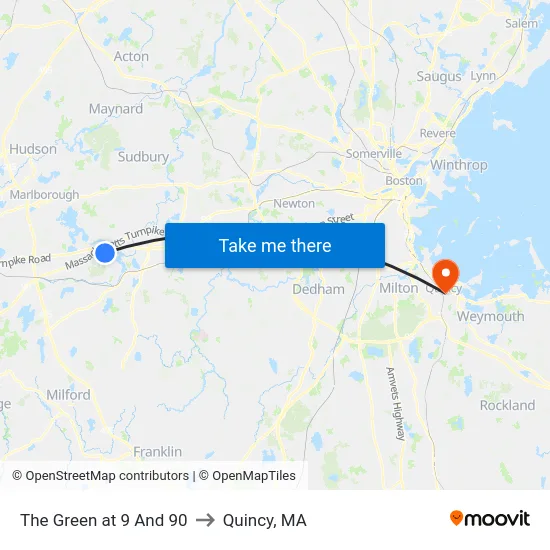 The Green at 9 And 90 to Quincy, MA map