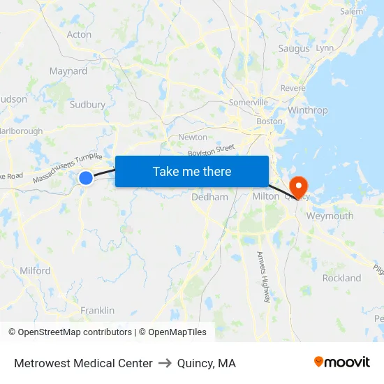 Metrowest Medical Center to Quincy, MA map