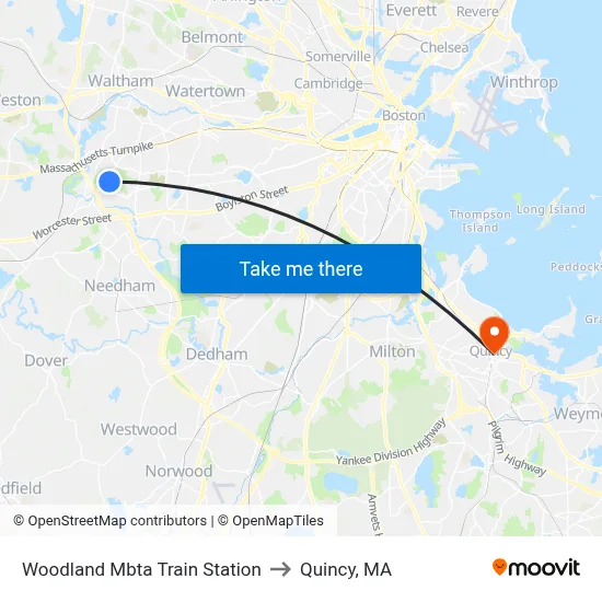 Woodland Mbta Train Station to Quincy, MA map